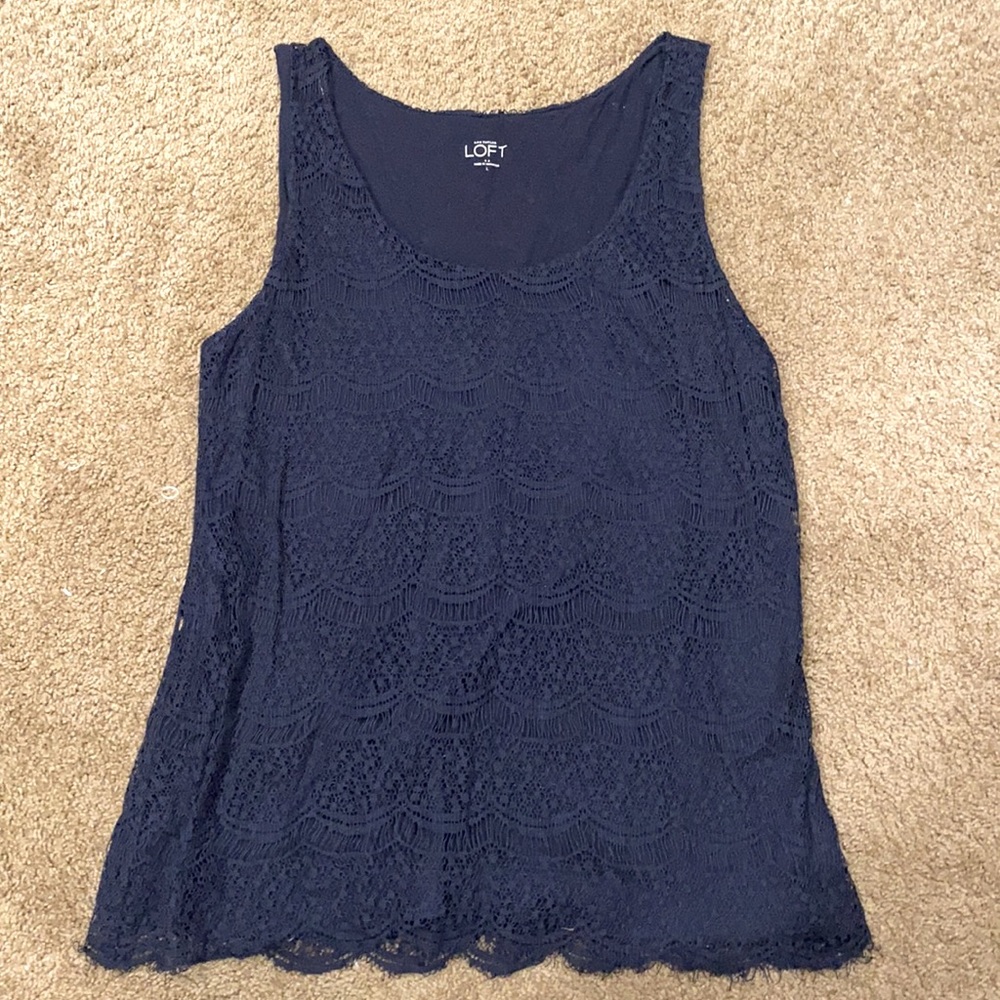 LOFT navy lace shell top. Size L
